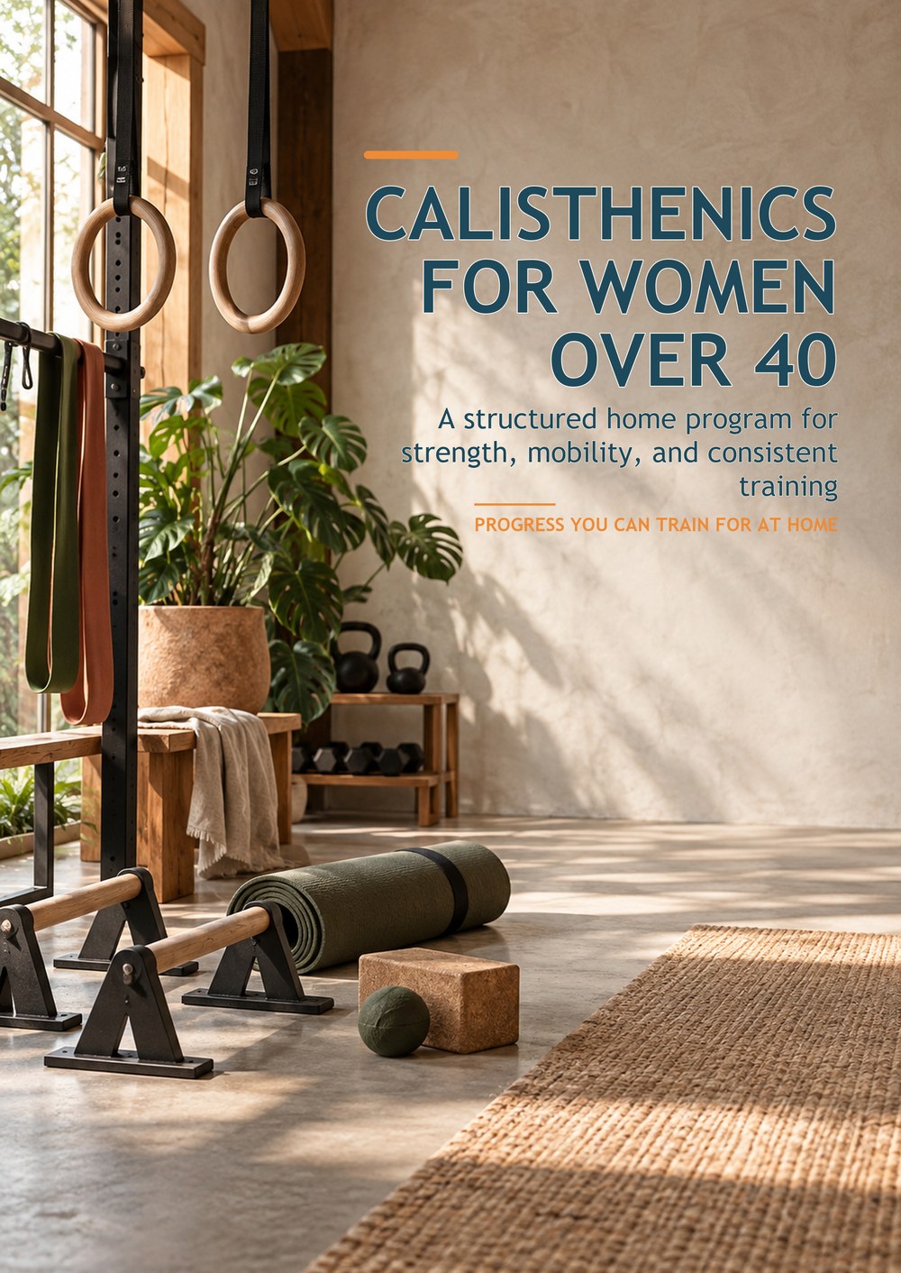 CALISTHENICS FOR WOMEN OVER 40 A structured home program for strength, mobility, and consistent training PROGRESS YOU CAN TRAIN FOR AT HOME cover
