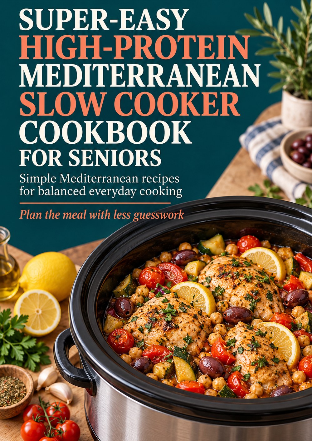 SUPER-EASY HIGH-PROTEIN MEDITERRANEAN SLOW COOKER COOKBOOK FOR SENIORS Simple Mediterranean recipes for balanced everyday cooking PLAN THE MEAL WITH LESS GUESSWORK cover