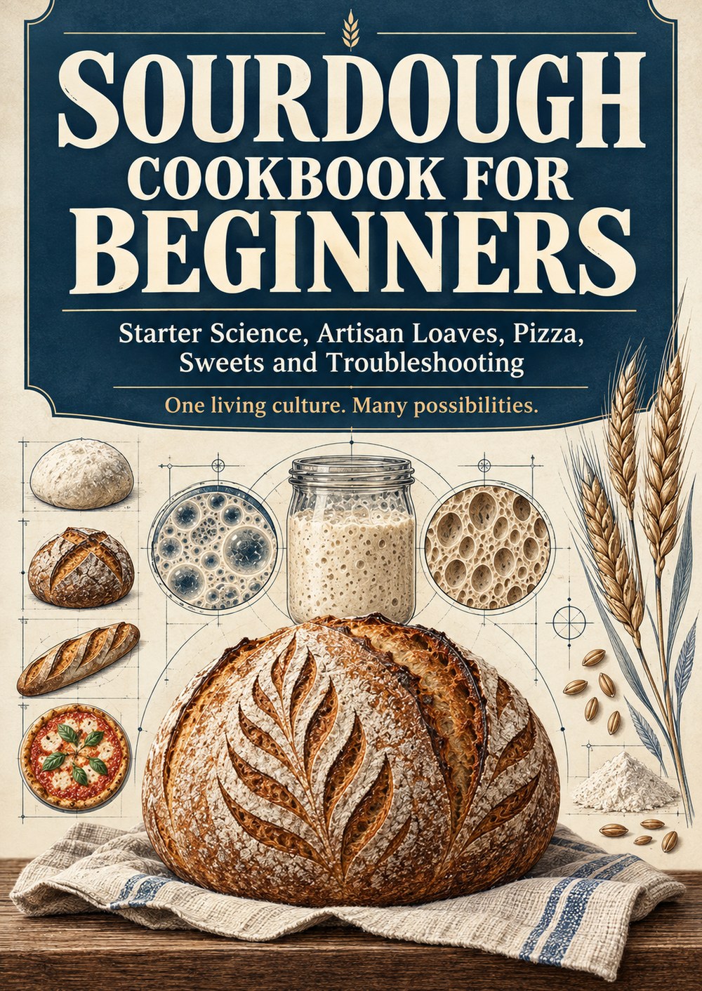 SOURDOUGH COOKBOOK FOR BEGINNERS Starter Science, Artisan Loaves, Pizza, Sweets and Troubleshooting ONE LIVING CULTURE. MANY POSSIBILITIES. cover