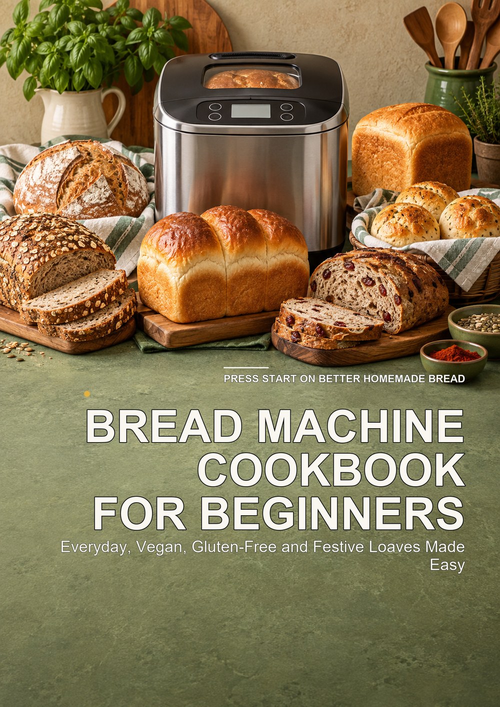 BREAD MACHINE COOKBOOK FOR BEGINNERS Everyday, Vegan, Gluten-Free and Festive Loaves Made Easy PRESS START ON BETTER HOMEMADE BREAD cover