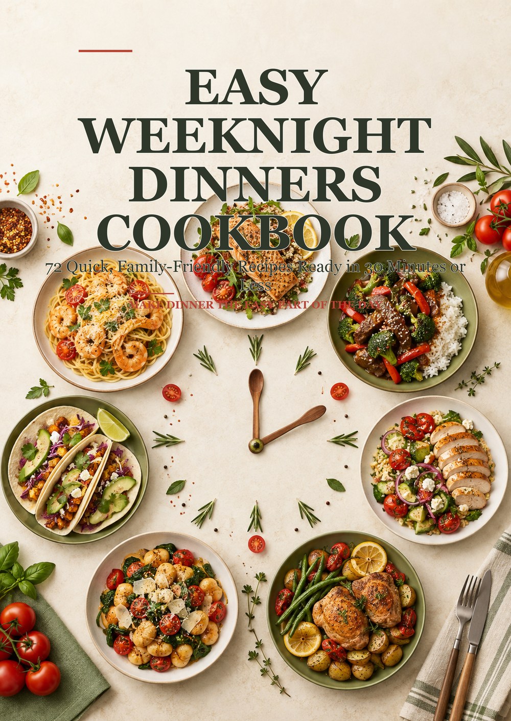 EASY WEEKNIGHT DINNERS COOKBOOK 72 Quick, Family-Friendly Recipes Ready in 30 Minutes or Less MAKE DINNER THE EASY PART OF THE DAY cover