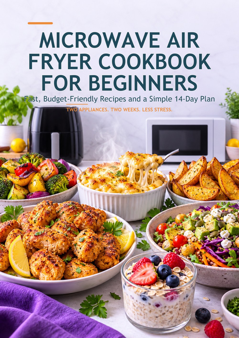 MICROWAVE AIR FRYER COOKBOOK FOR BEGINNERS Fast, Budget-Friendly Recipes and a Simple 14-Day Plan TWO APPLIANCES. TWO WEEKS. LESS STRESS. cover