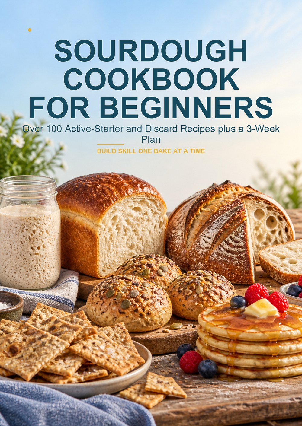 SOURDOUGH COOKBOOK FOR BEGINNERS Over 100 Active-Starter and Discard Recipes plus a 3-Week Plan BUILD SKILL ONE BAKE AT A TIME cover