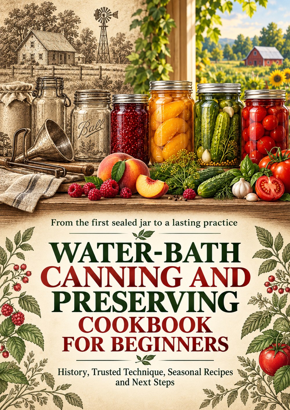WATER-BATH CANNING AND PRESERVING COOKBOOK FOR BEGINNERS History, Trusted Technique, Seasonal Recipes and Next Steps FROM THE FIRST SEALED JAR TO A LASTING PRACTICE cover