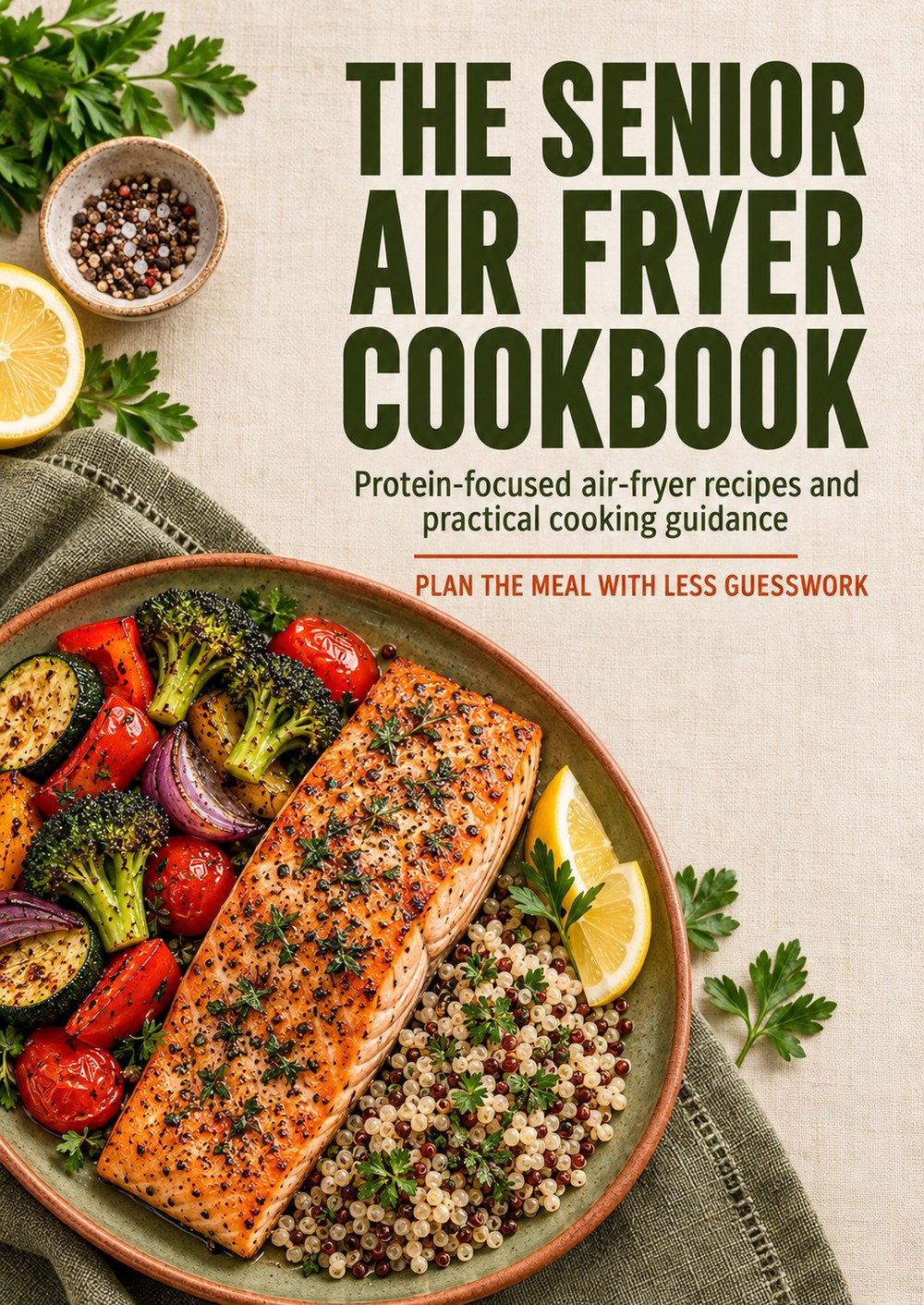 THE SENIOR AIR FRYER COOKBOOK Protein-focused air-fryer recipes and practical cooking guidance PLAN THE MEAL WITH LESS GUESSWORK cover