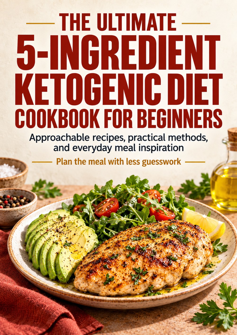 THE ULTIMATE 5-INGREDIENT KETOGENIC DIET COOKBOOK FOR BEGINNERS Approachable recipes, practical methods, and everyday meal inspiration PLAN THE MEAL WITH LESS GUESSWORK cover